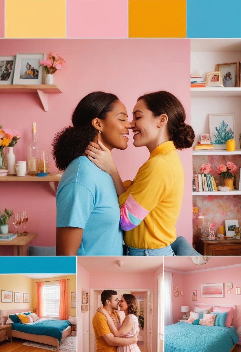 A colorful collage depicting diverse LGBTQ+ home videos in cozy living spaces, showcasing joyful moments of love and desire. Include symbolic elements like pride flags and hearts, with a warm, inviting atmosphere. The background should blend soft pastel hues to evoke nostalgia. super-realistic. vibrant colors. warm tones.