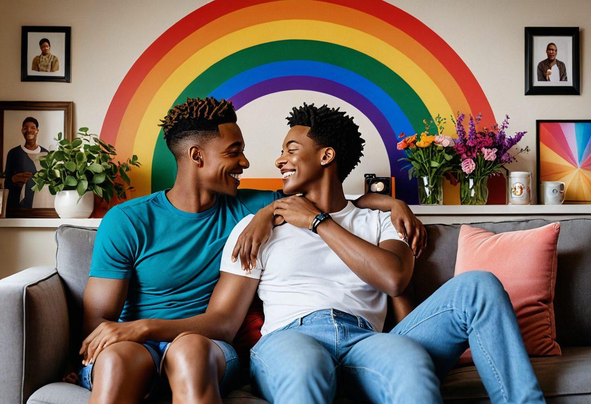 A montage of diverse same-sex couples joyfully sharing intimate moments at home, with scenes seamlessly transitioning to fragments of vibrant film clips showcasing LGBTQ+ love stories on screen. Incorporate heartwarming elements like laughter, hugs, and shared interests against a backdrop of soft, warm colors. Highlight iconic symbols of LGBTQ+ pride like rainbows and film reels, blending reality with cinematic flair. super-realistic. vibrant colors. 3D.