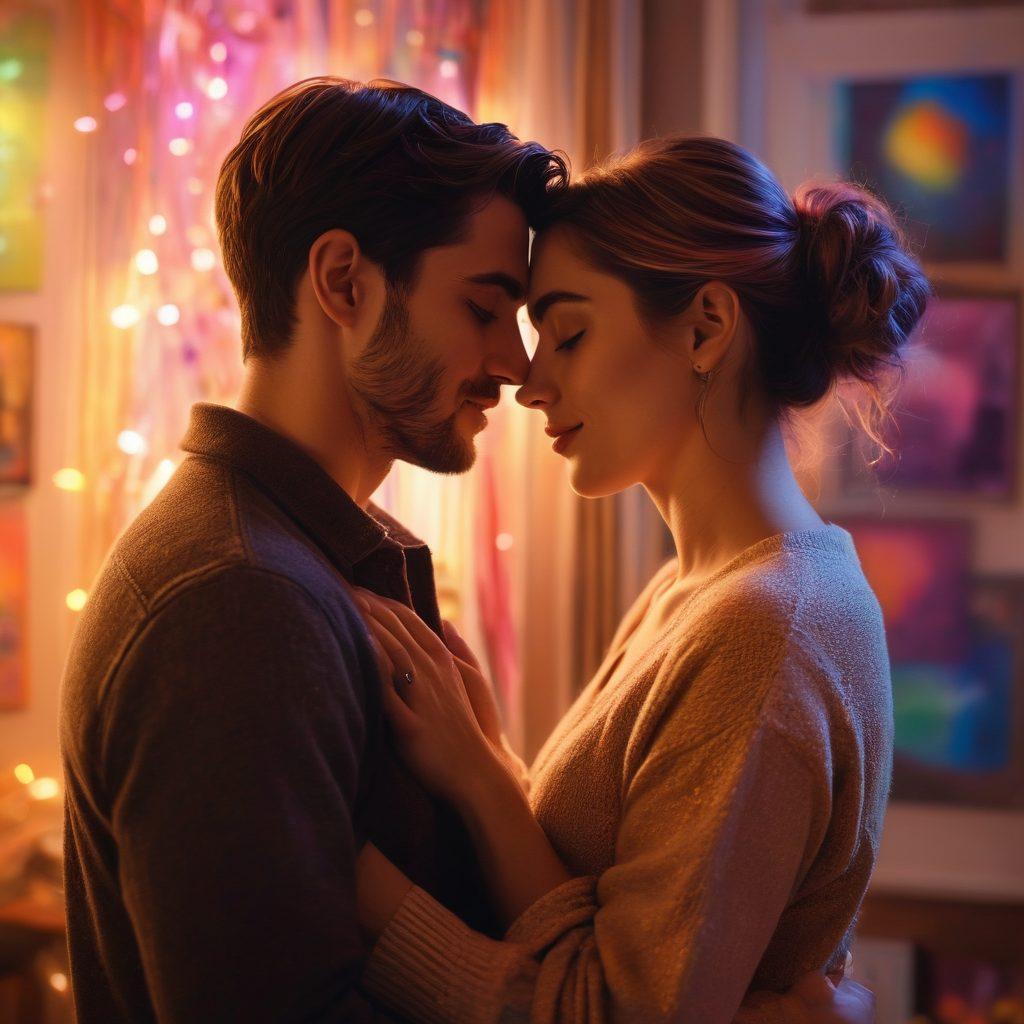 A cozy intimate scene depicting two diverse individuals sharing a loving embrace, surrounded by soft glowing lights and abstract art that symbolizes queer love and expression. Include elements of film reels and books in the background to represent media, and add rainbow colors to create an atmosphere of warmth and acceptance. super-realistic. vibrant colors. warm lighting.